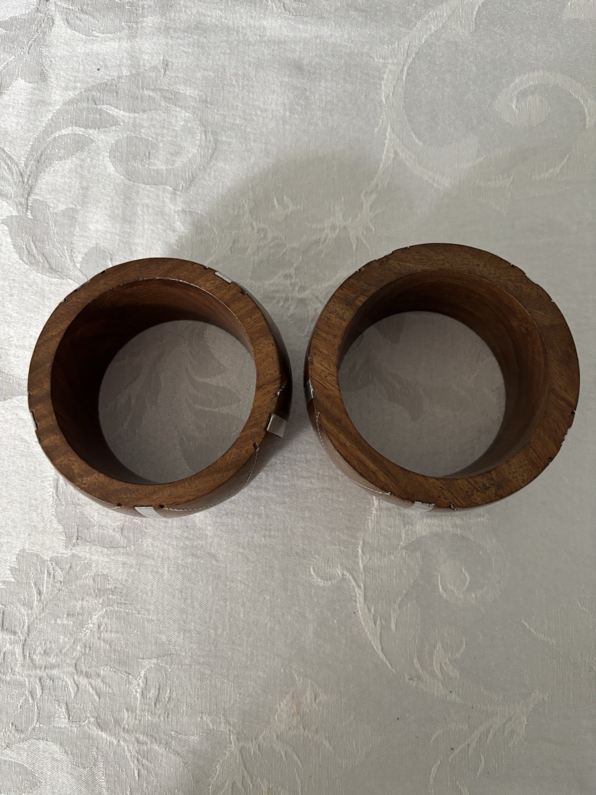 Bangle 2 Bracelets, Wood With Silver Metal Inlay Design, Chunky 2” Wide, Antika
