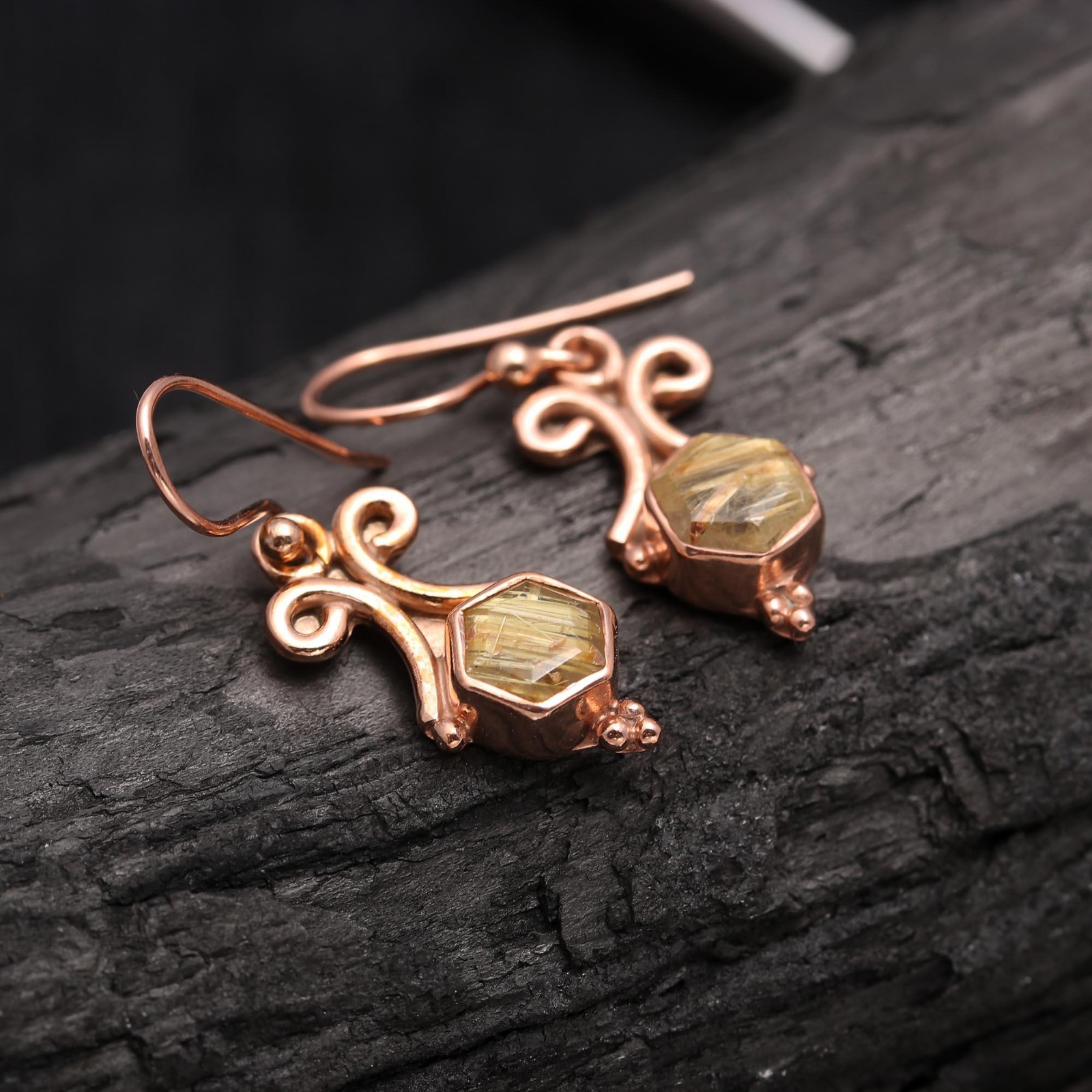 Natural Golden Rutile Hexagon Dangle Earring Rose Gold Fill Solid Silver Jewelry