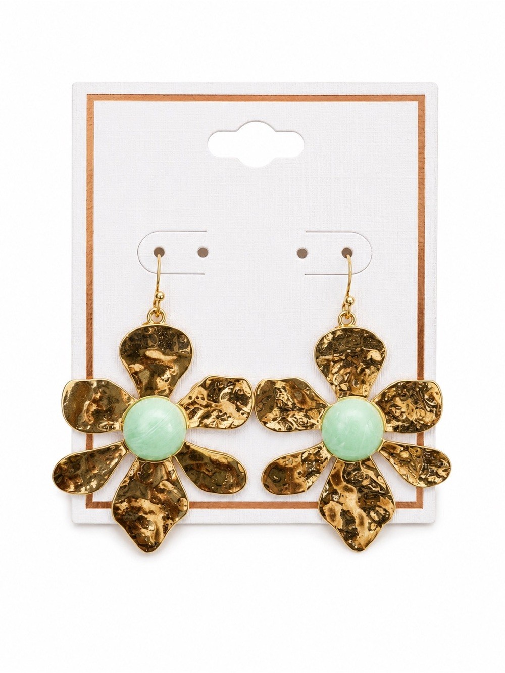Hammered Gold Tone Flower Drop Earrings Mint Green Statement Boho NWT