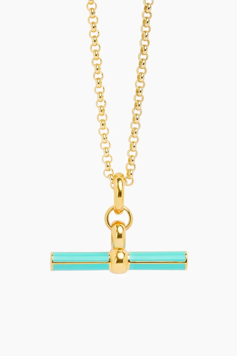 Rolo Chain T Bar Pendant Necklace Brass Metal with mint green enamel necklace