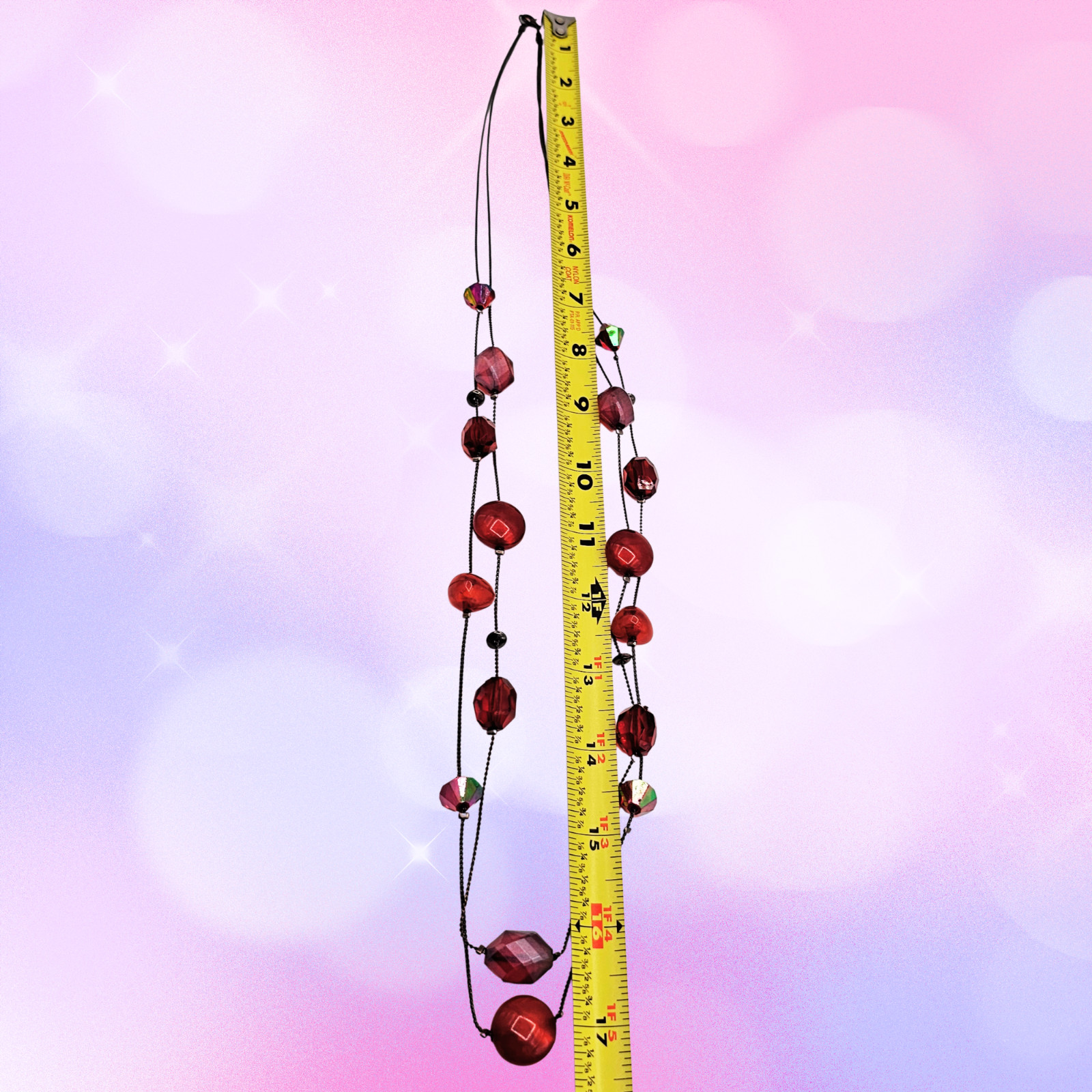 Long Red Beaded Necklace Gunmetal Chain Aurora Borealis Crystal Accent