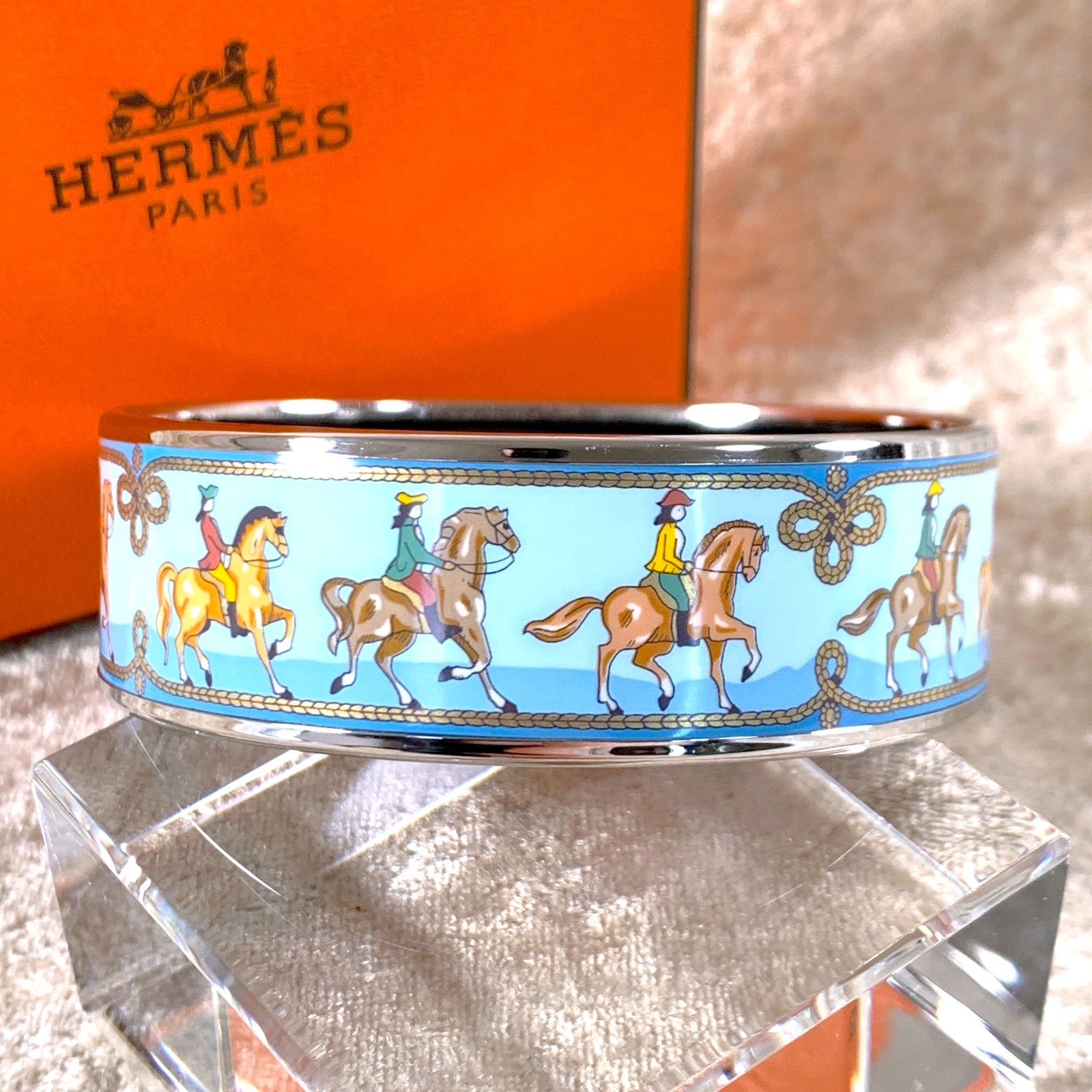 Vintage Hermes Bangle Bracelet Enamel Blue Horse Silver Rim Size 65 with Box