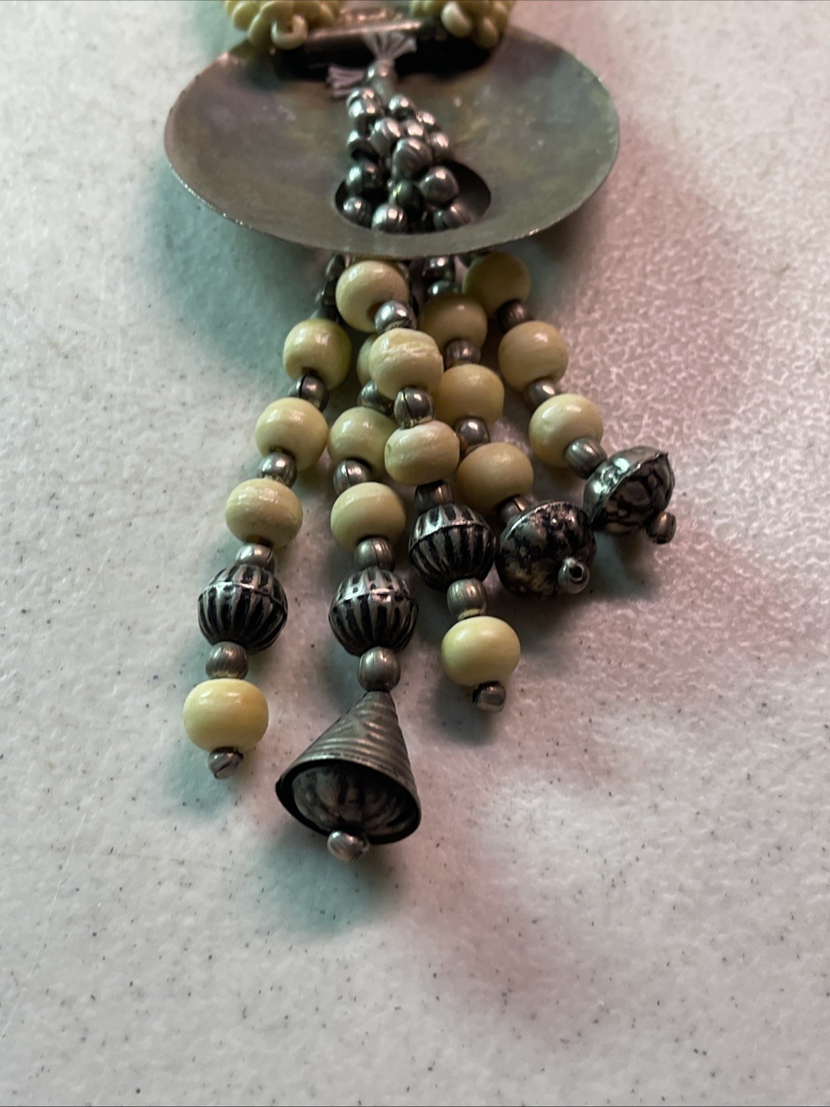 Multi Strand Cream/Silver Bead 19.5” Necklace Round Disk Native American Looking