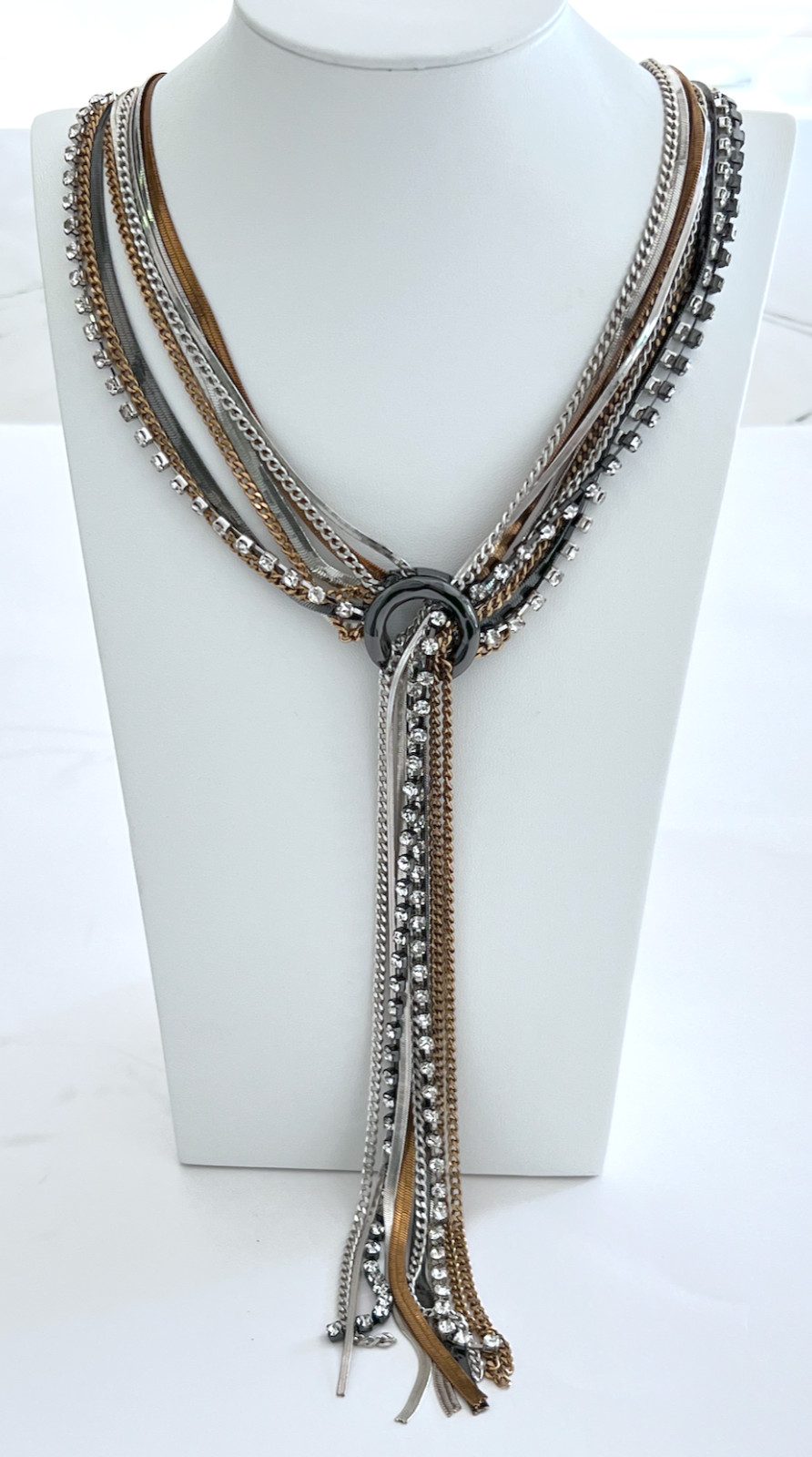 CHICO’S MIXED METAL MULTI STRAND GOLD SILVER TONE GEM STRANDS Y NECKLACE BOHO