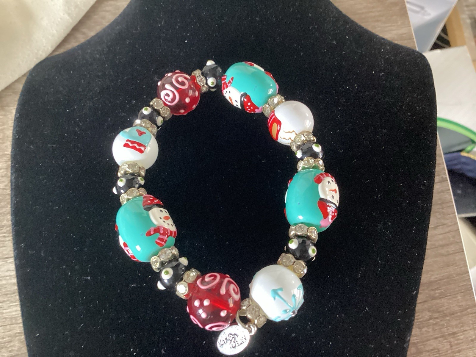 Kate /Macy Snow Fun Design Painted Glass /Acrylic Beads Rhinestones Bracelet
