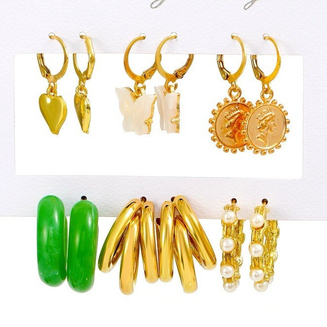 Gold Tone Hoop & Dangle Earrings Set Imitation White Round Pearl Hinged