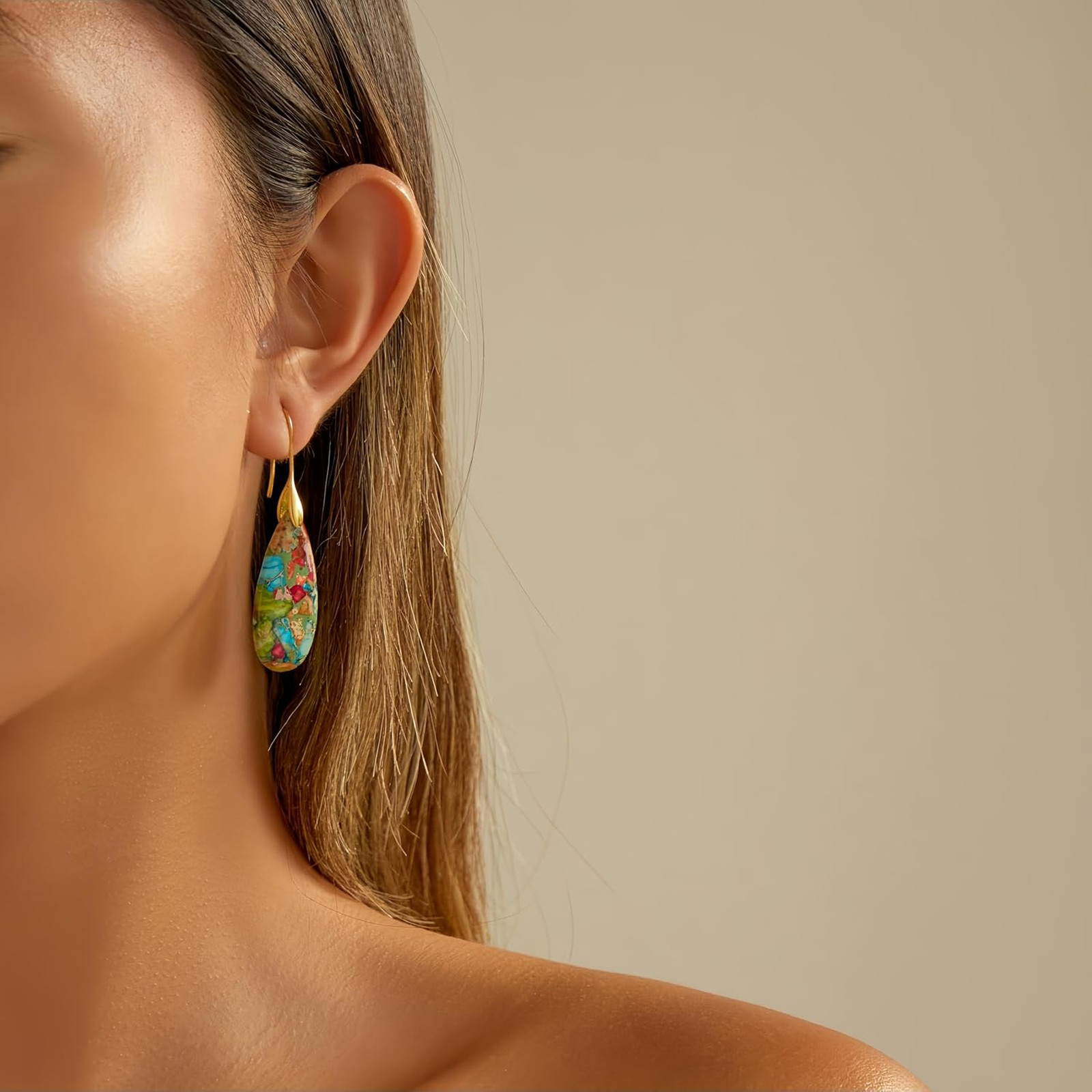 Natural Healing Stone Fishhook Dangle Drop Earrings Gold Silver Statement