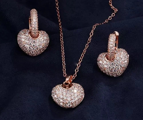 18k Rose Gold Plated 3D Heart Pendant Necklace Earrings made Simulated Diamond