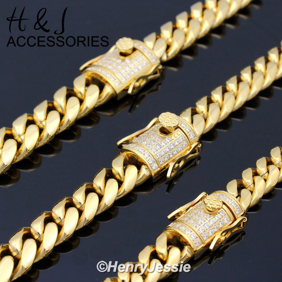 18-40″MEN Stainless Steel 10/12/14mm Gold Plated ICY CZ Miami Cuban Necklace*158