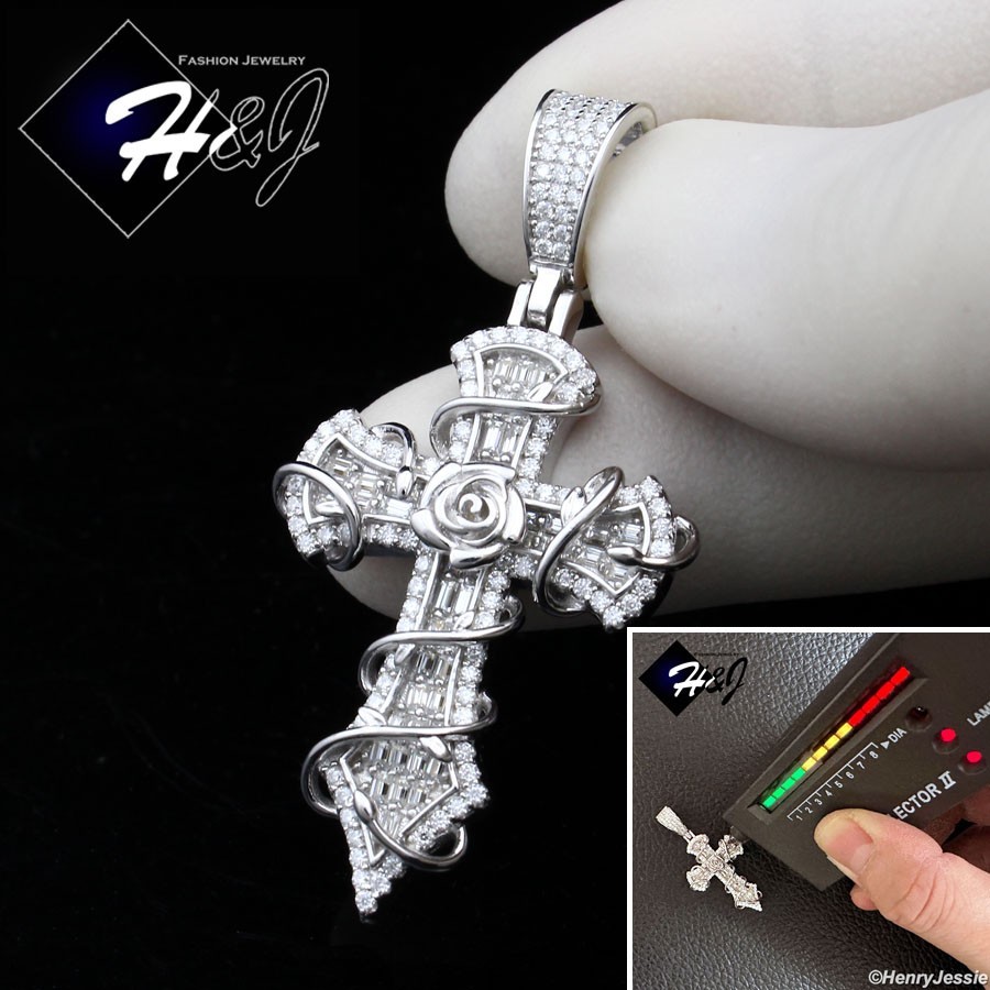 MEN SOLID 925 STERLING SILVER ICY BLING MOISSANITE 3D ROSE CROSS PENDANT*MP560