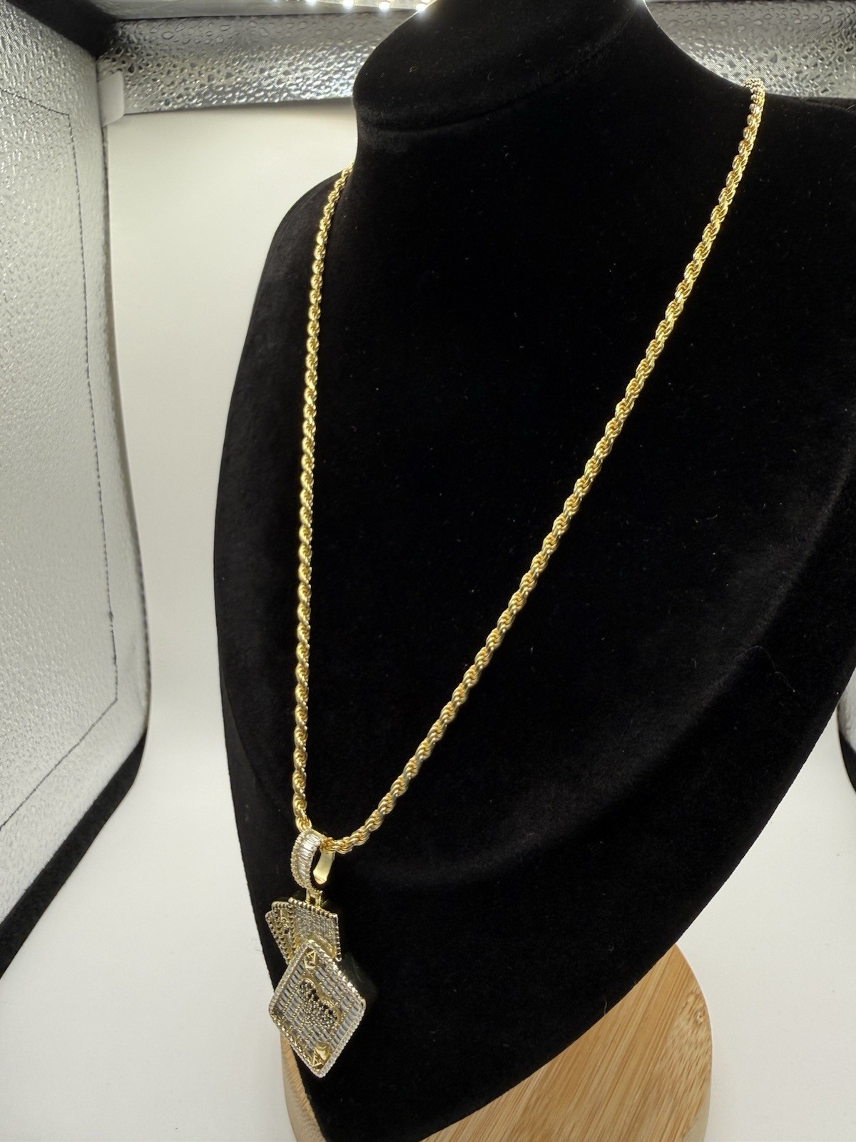 Moissanite Ace Cards Pendant w/ 20” Rope Chain-Gold Over 925 Silver
