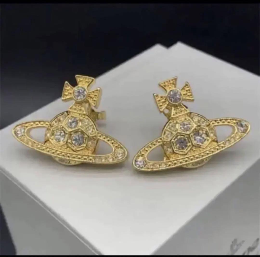 Vivienne Westwood Earrings Pierce Rhinestone Orb Gold w/drawstring [E2660