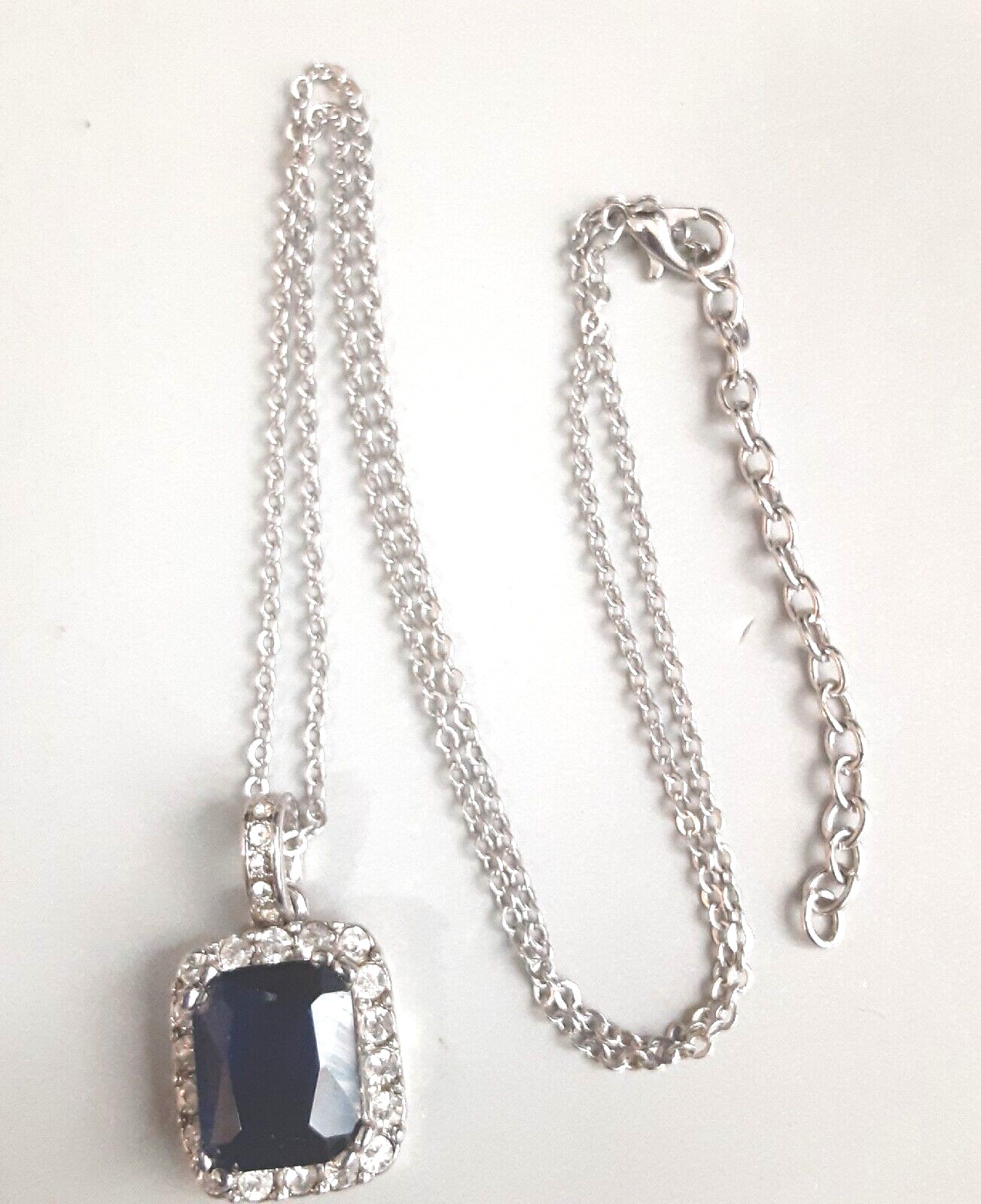 Blue Crystal Pendant Necklace Silver 1 x 16 To 18.5 Inch