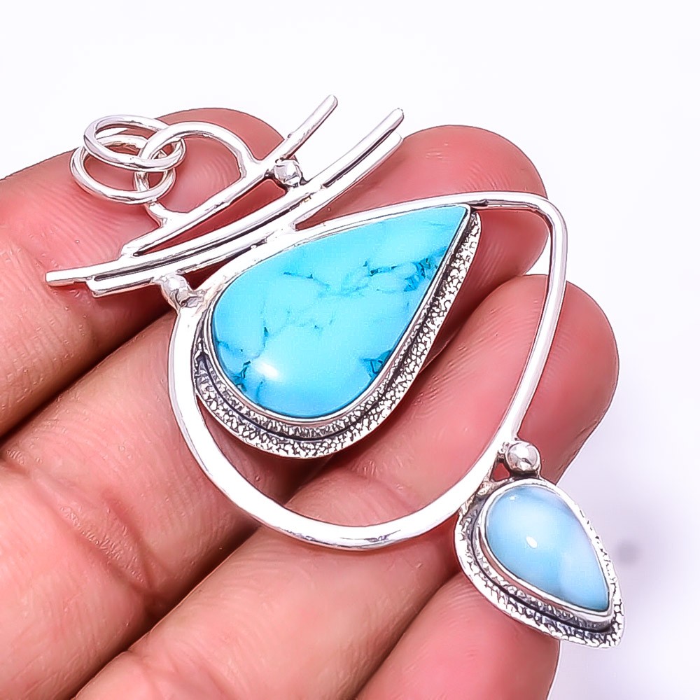 Natural Magnesite Turquoise925 Sterling Silver Handmade Pendant 2.50″ P38