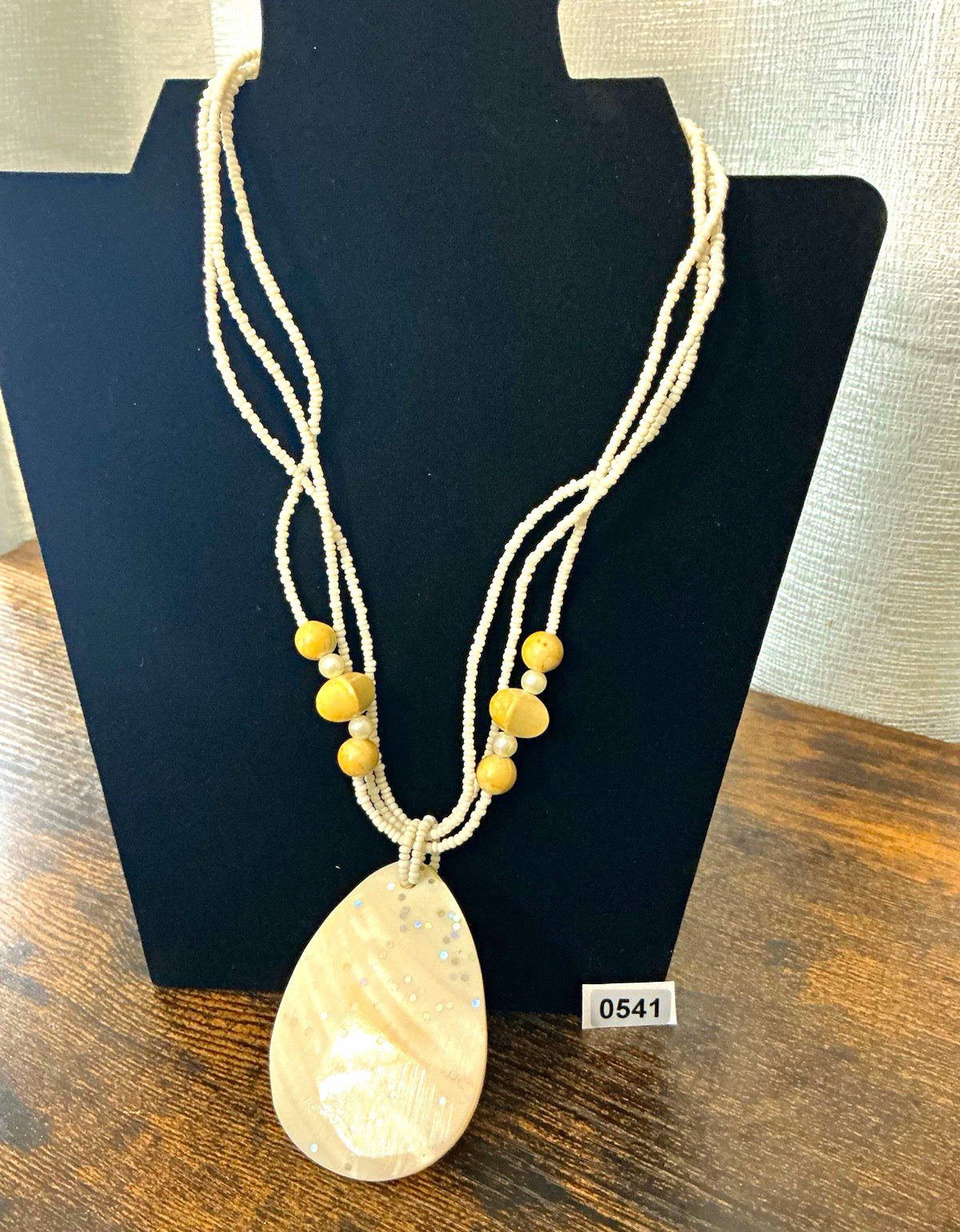 White Shell Beaded Multi-Strand Statement Necklace Teardrop Pendant Adjustable