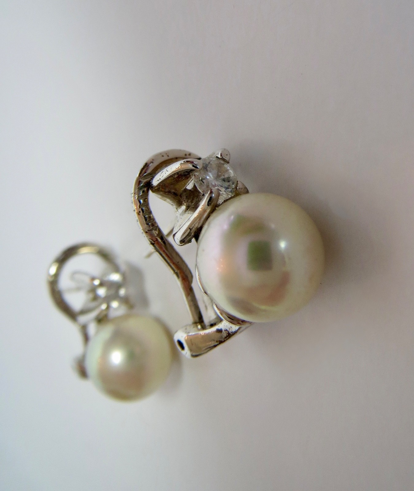 Elegant Silver Tone Omega Back 8mm Faux Pearl & Cubic Zirconia Pierced EARRINGS