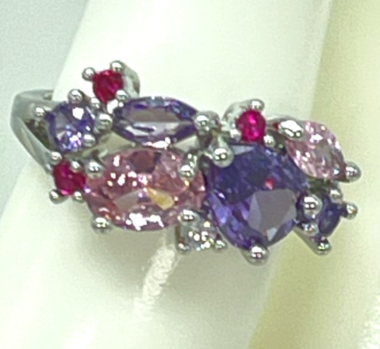 Ring Silver Tone Multicolor Cubic Zirconia Inlay Crystals Lush Prong Setting S6