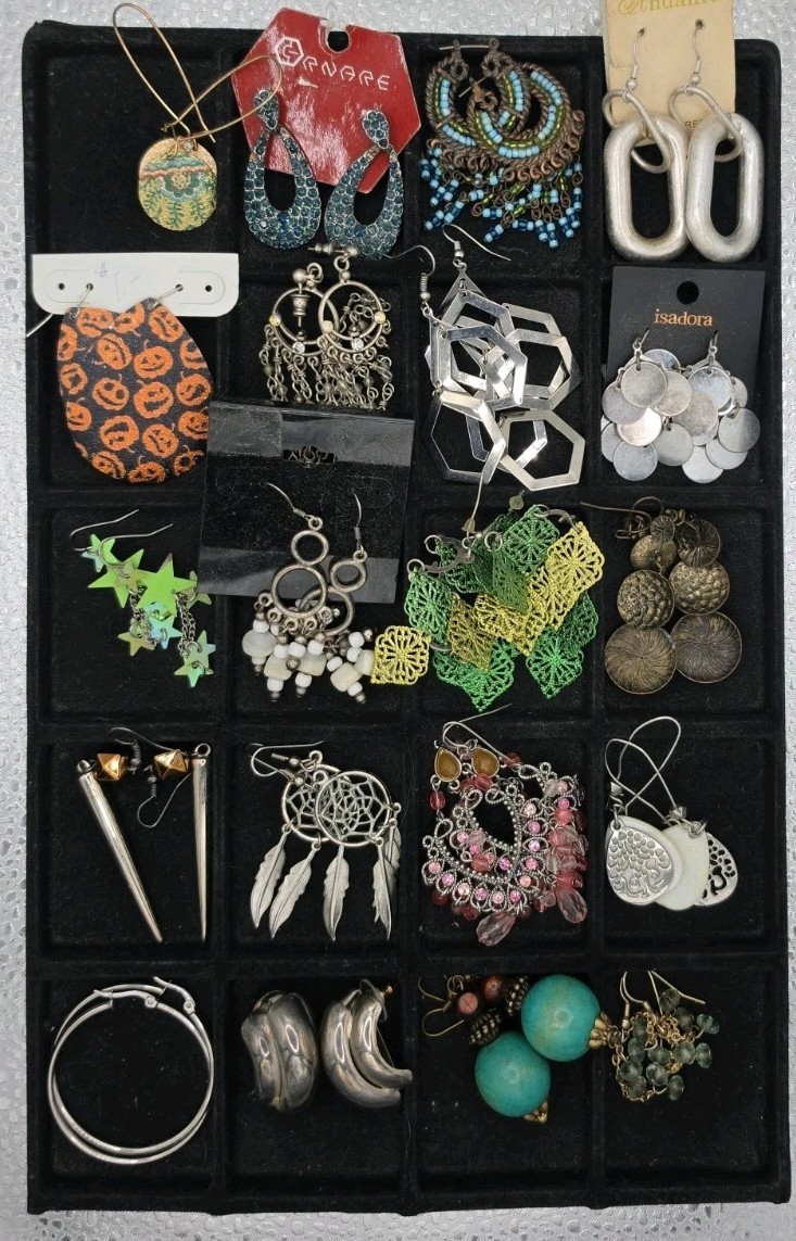 20 Pairs Of Pierced Earrings Dangling Posts Hoops Eclectic Fun