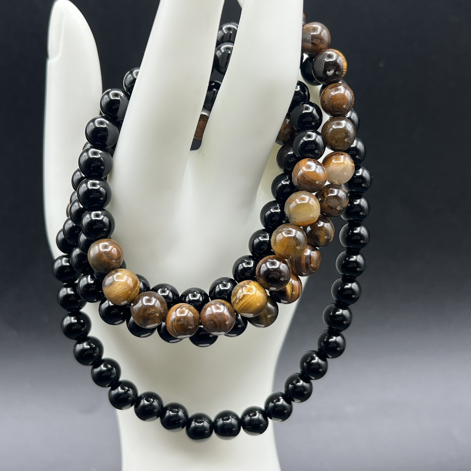 Black Glass & Brown Gemstone Beads Beaded Stretch Necklace or Crafting