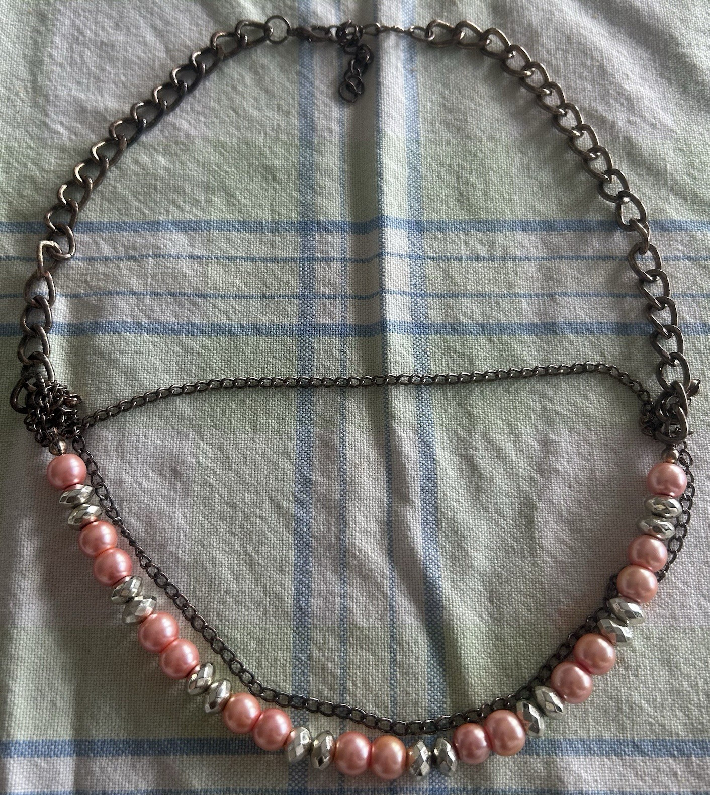 Pink Faux Pearl & Crystal Beaded Necklace Silver Tone Lobster Clasp