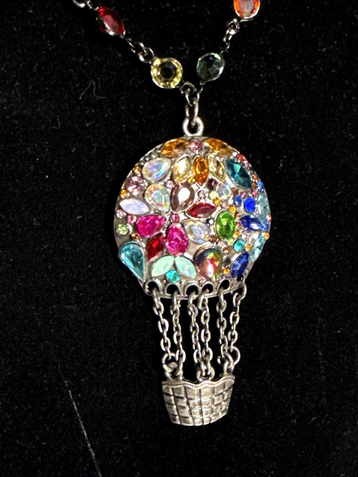 16in Necklace W 2 In Extender. Multi Color Rhinestones W Hot Balloon Pendent New