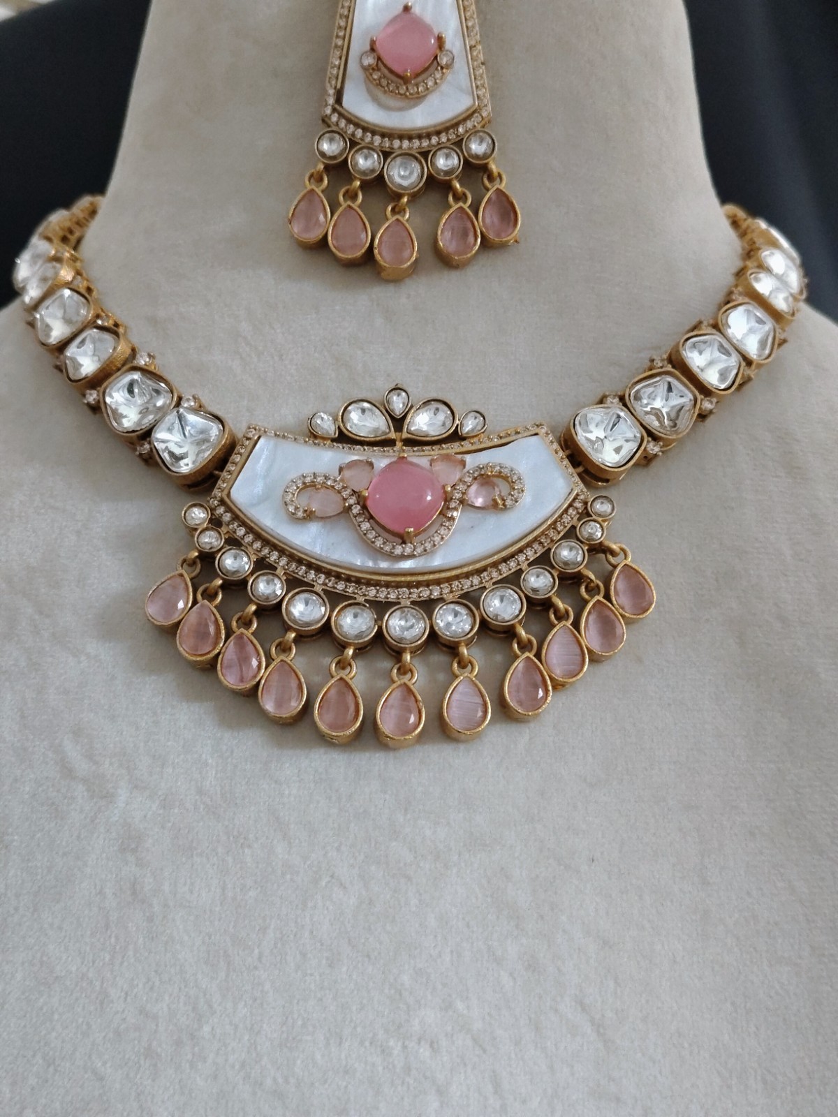 Zahida Royal Blush Pink Polki Necklace Set with Matching Earrings Roz Jewellers.