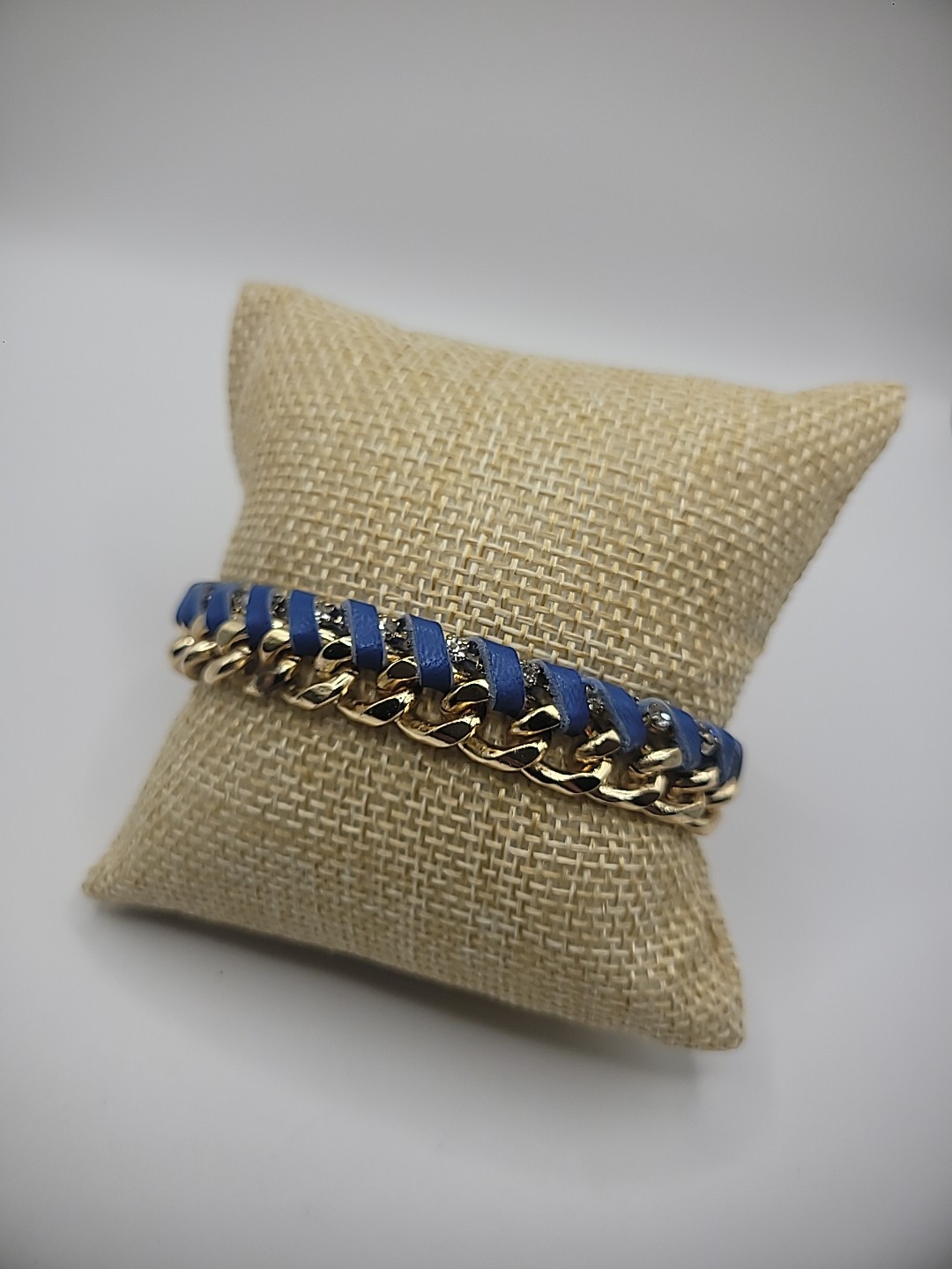 Vintage Ettika Bracelet Gold Tone Chain Leather Braided Blue Purple Jewelry