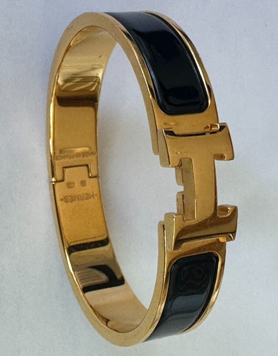 Hermès Clic Clac H PM Black Enamel Gold Plated Bangle Bracelet Made in France