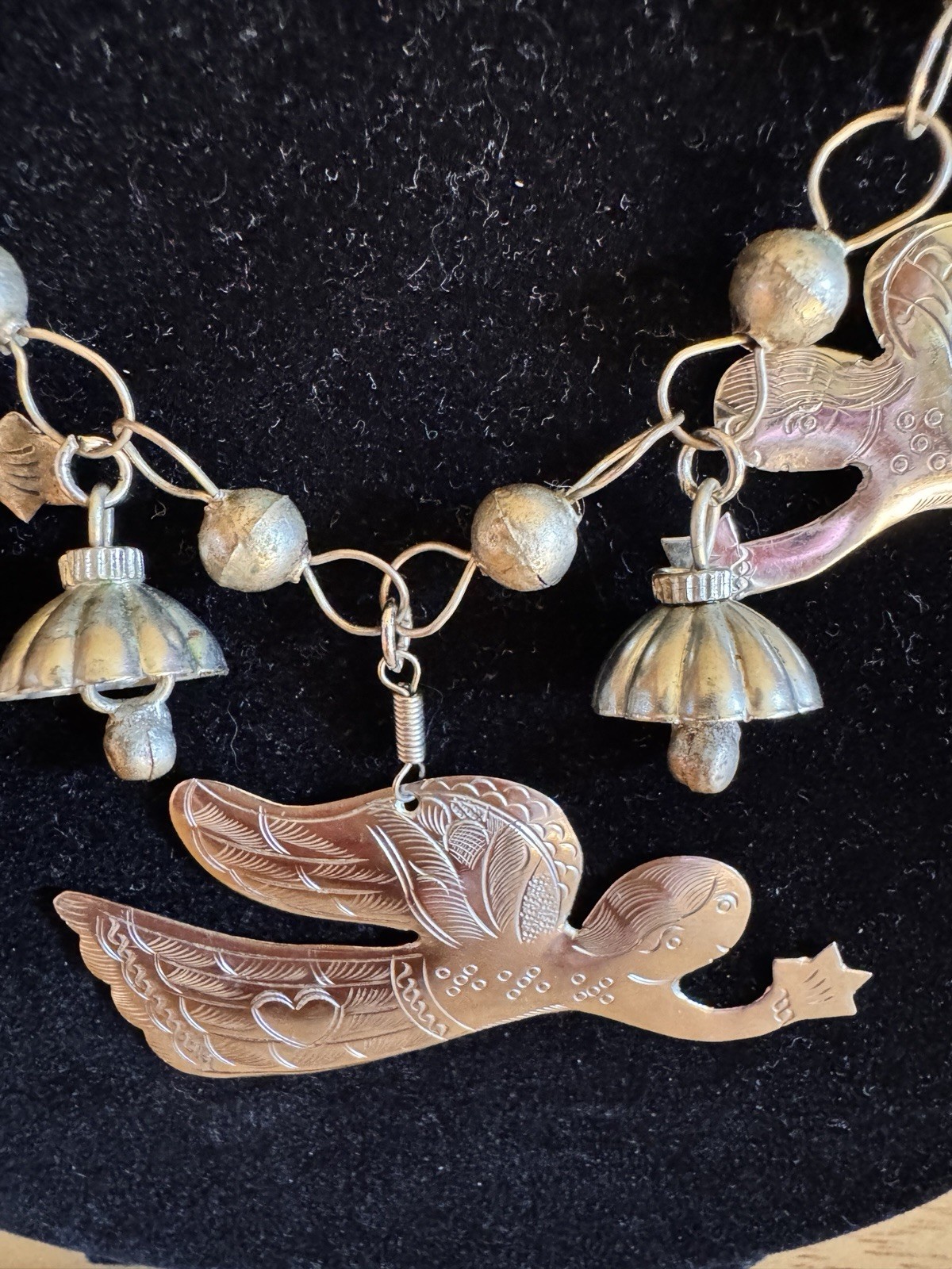 Vintage Artisan Milagro Etched Brass Flying Angel large Charm Necklace