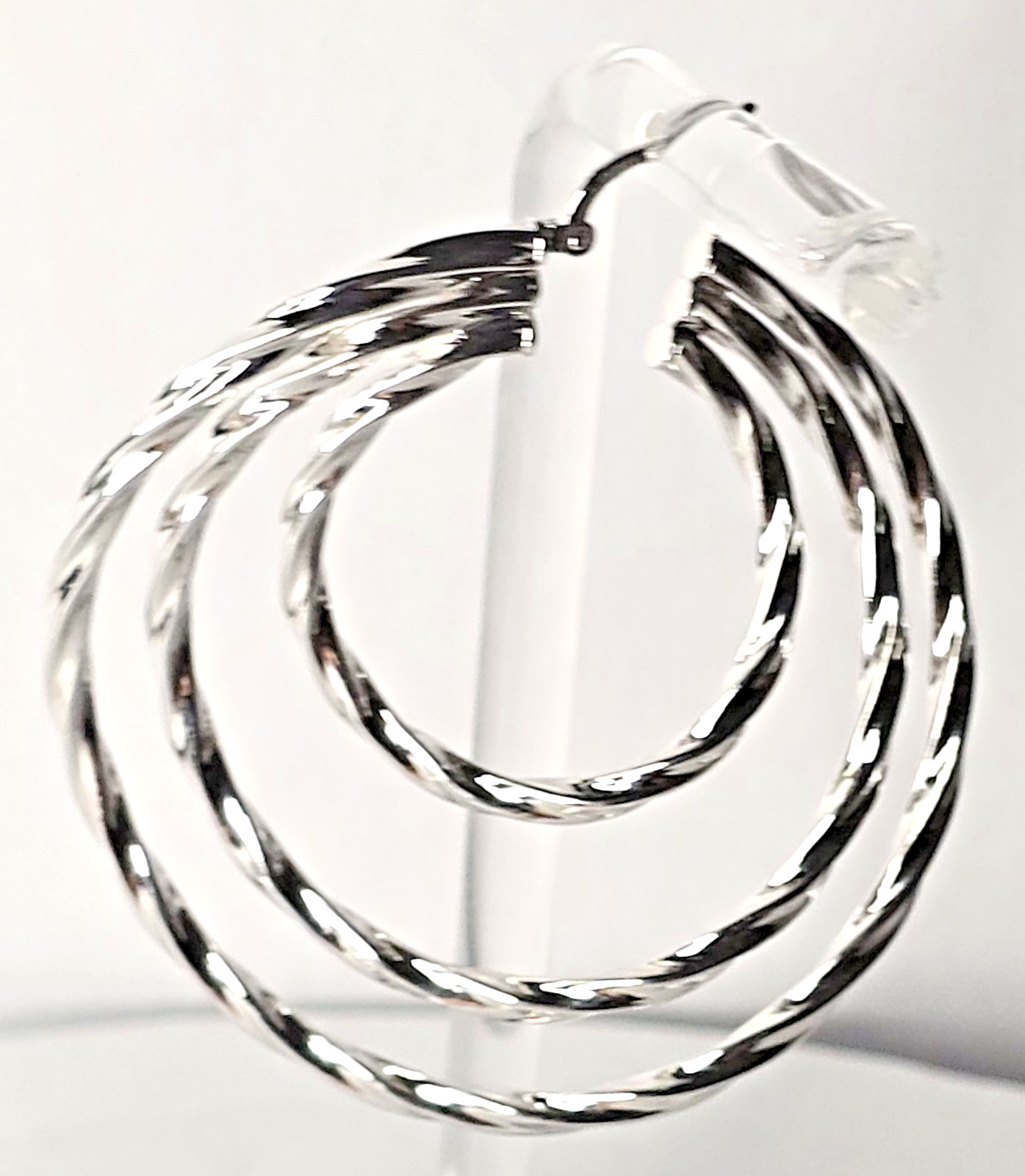 Hoops Earrings Bold Platinum Plated Wavy Twisted Triple Circles, Hinged Closures