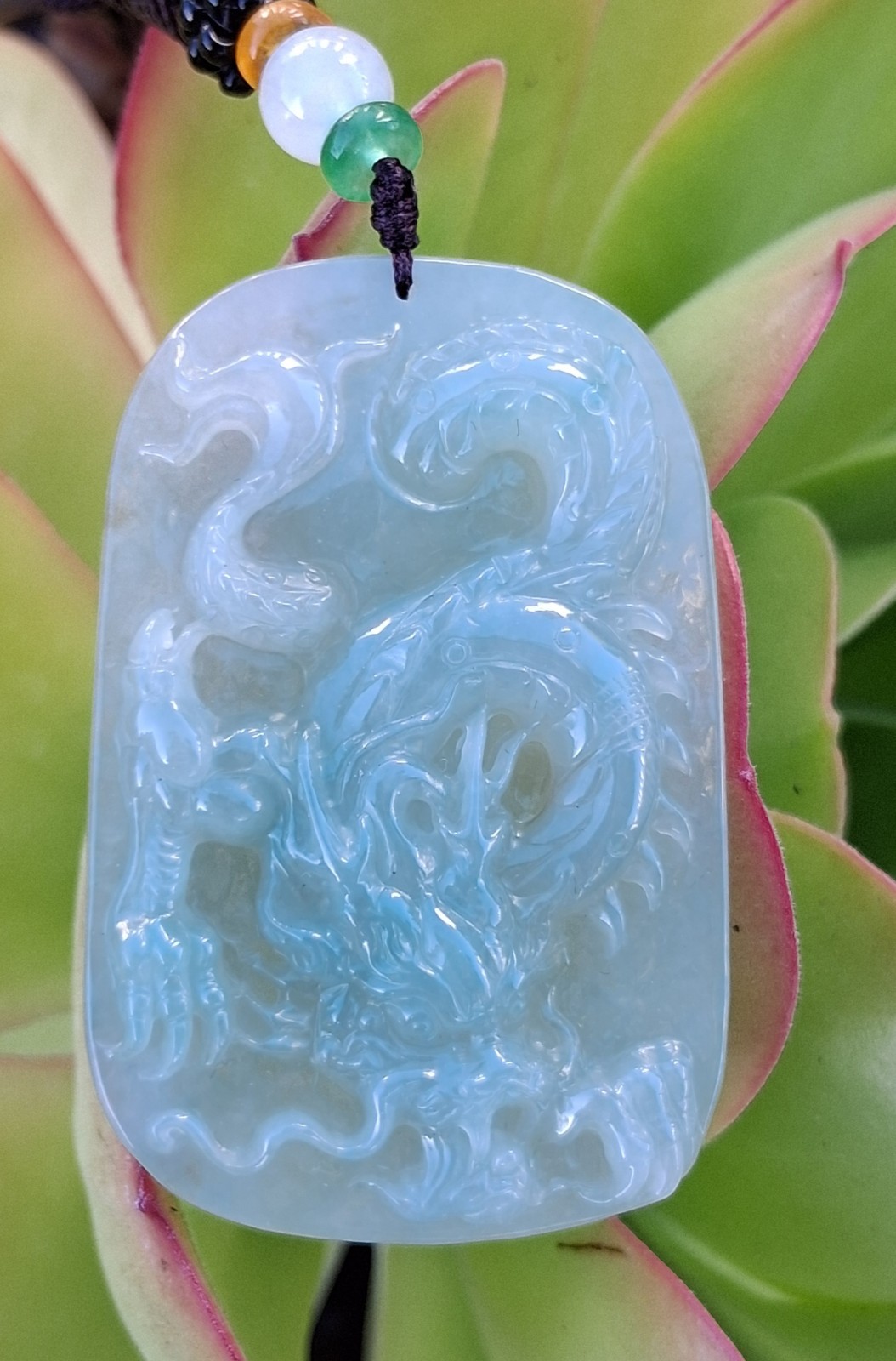 Certified Green Jade Dragon Carved Rectangular Pendant Charm Necklace on Cord