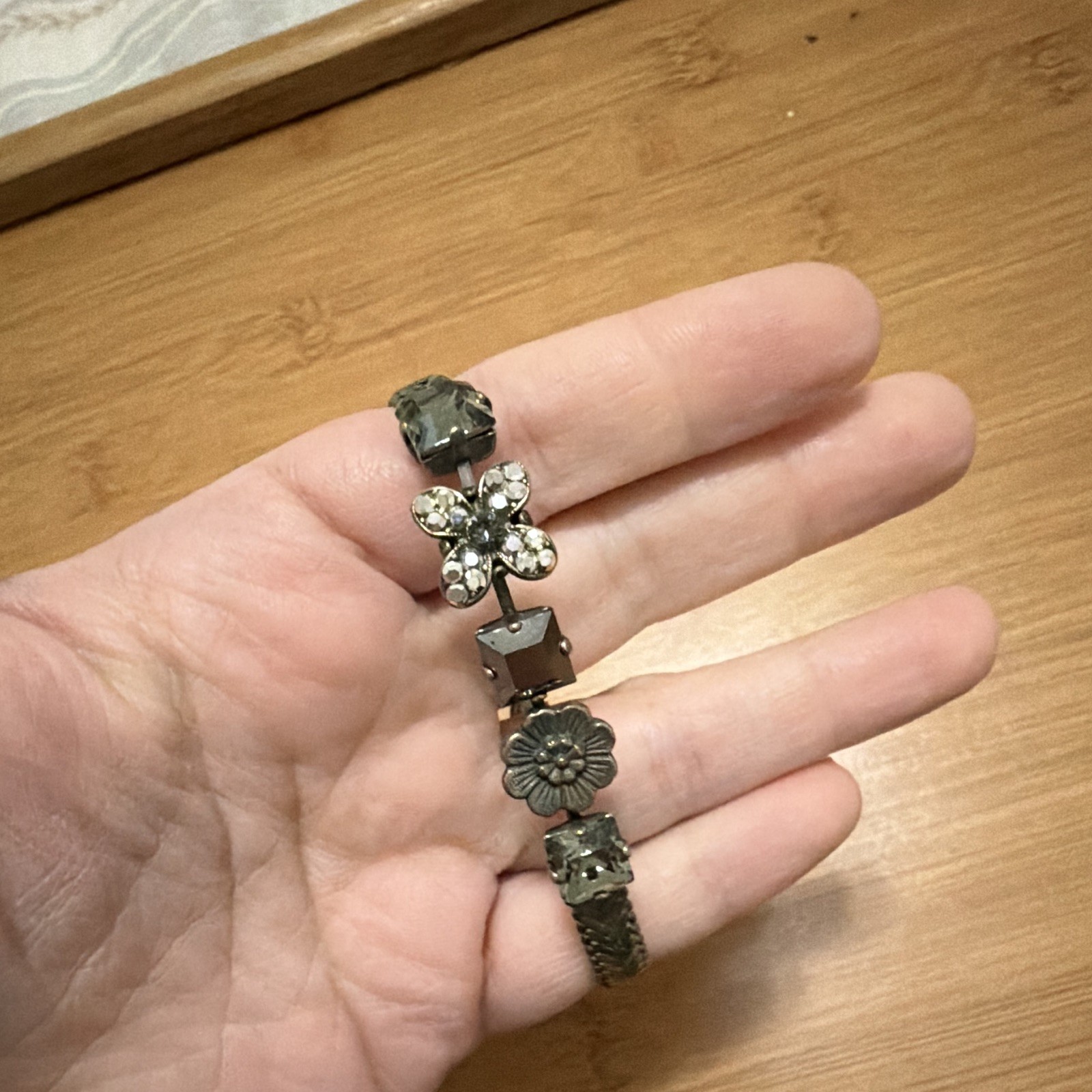Mariana Retired Silver Mesh Bracelet Black Swarovski Crystal Floral
