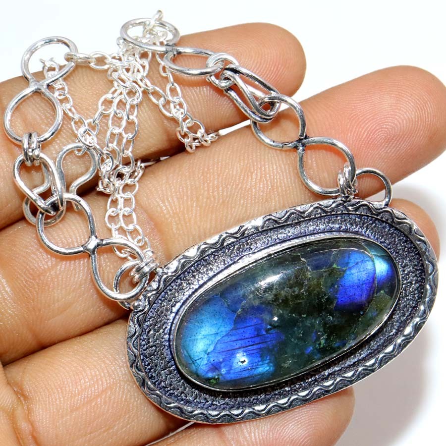 925 Silver Plated Pretty Fiery Labradorite Necklace 18″ GW