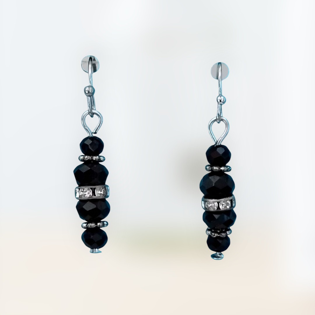 Handcrafted SILVERTONE BLACK BEADS Dangle Earrings HYPOALLERGENIC LOOPS STOPPERS