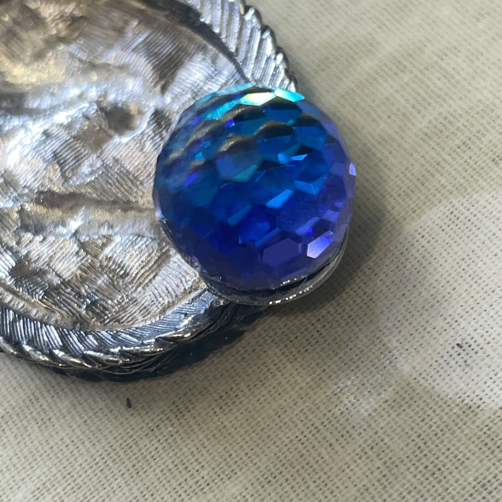 Exquisite Sm Metal Trinket Cobalt Glass Ball Mark Exquisite Base Curio Pewter?