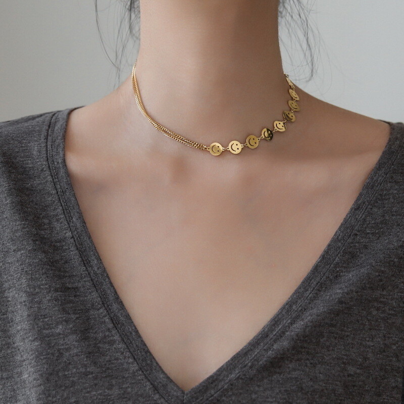 Woman 18K Gold Plated Real Stainless Steel Smile Two Layers Chain Choker