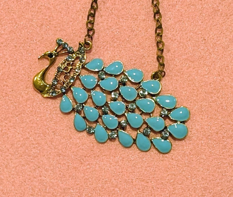 Gold Tone Peacock Charm Pendant Necklace Blue Teardrop Crystal Rhinestone