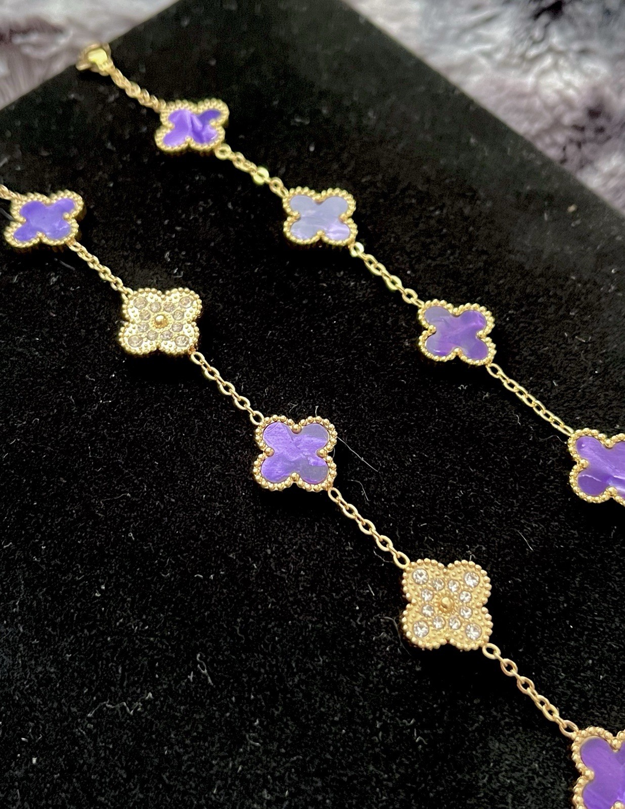 18k Gold Plated Clover Bracelet 5 motif reversible Amethyst & CZ 15mm (Set of 2)