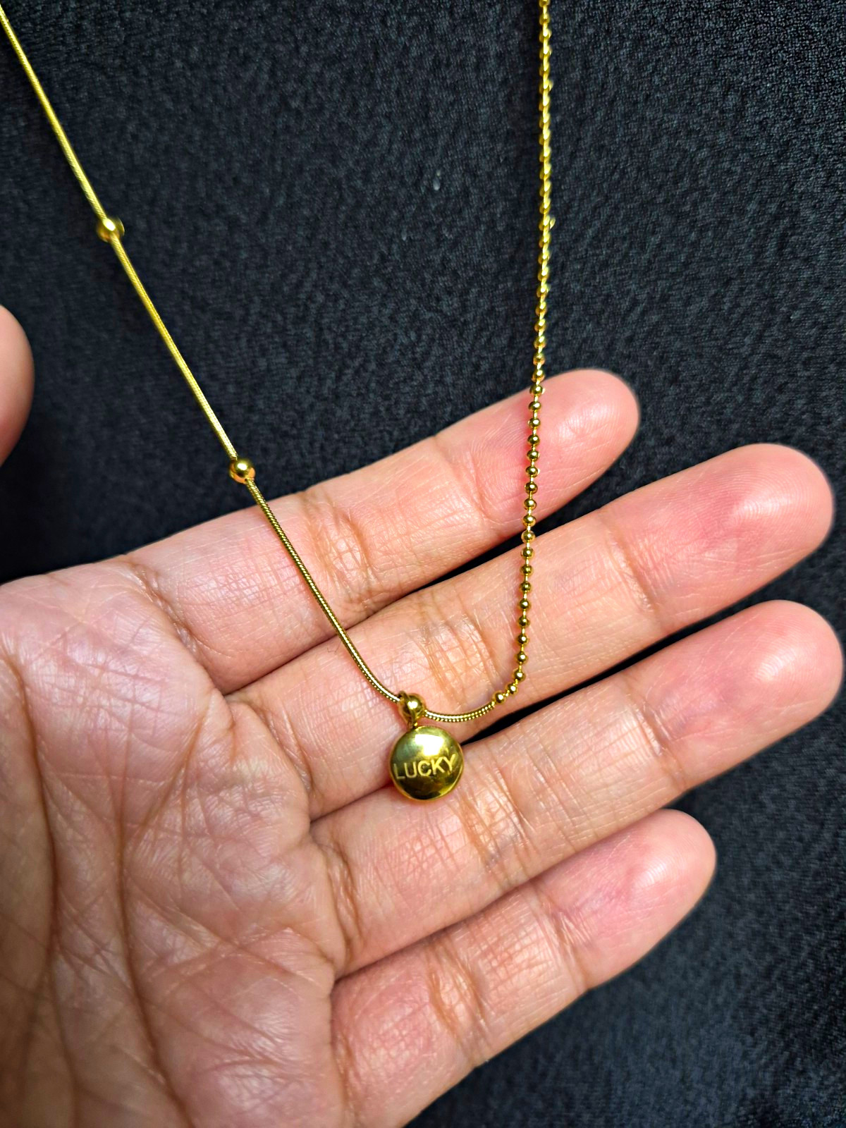 Gold Tone Ball/Bead Chain Necklace Round LUCKY Charm Pendant