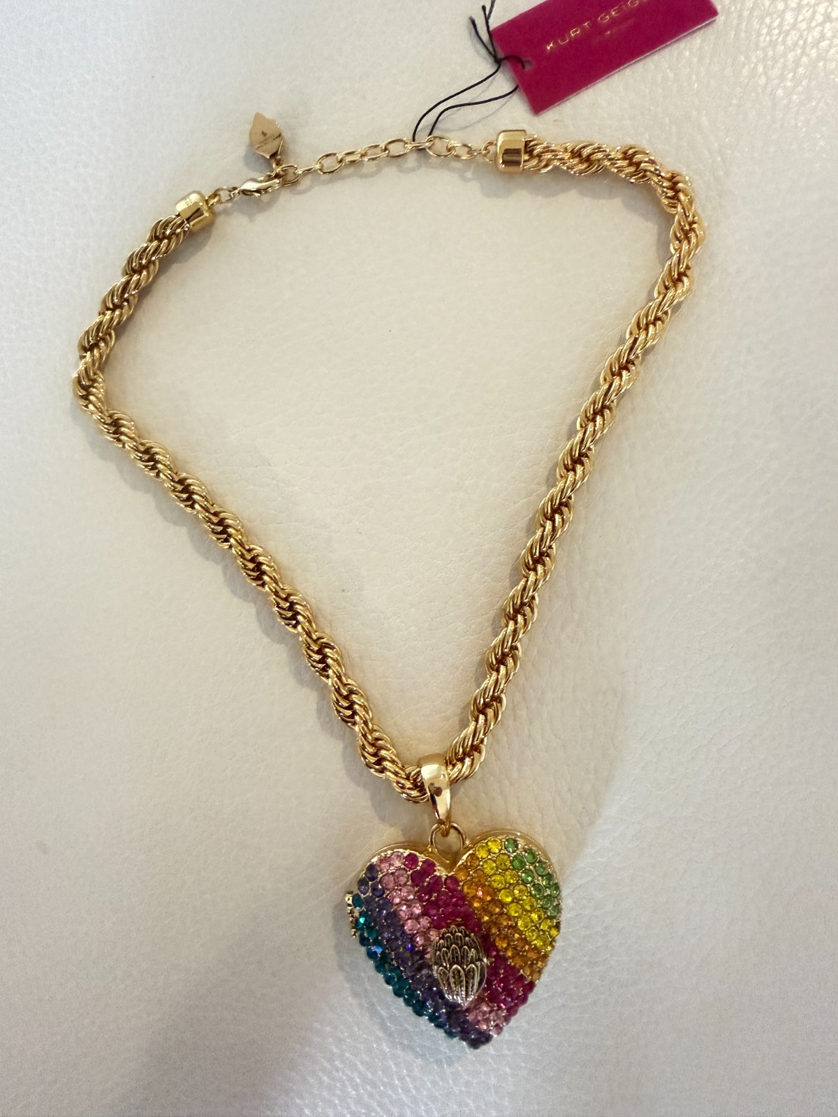 NWT KURT GEIGER LONDON XL CRYSTAL HEART LOCKET NECKLACE & EARRINGS W DUST BAG