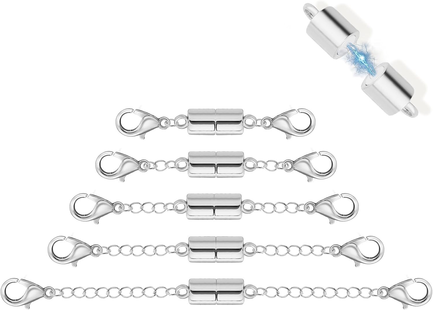5Pcs Silver Magnetic Necklace Extender, Magnetic Necklace Clasps and Closures