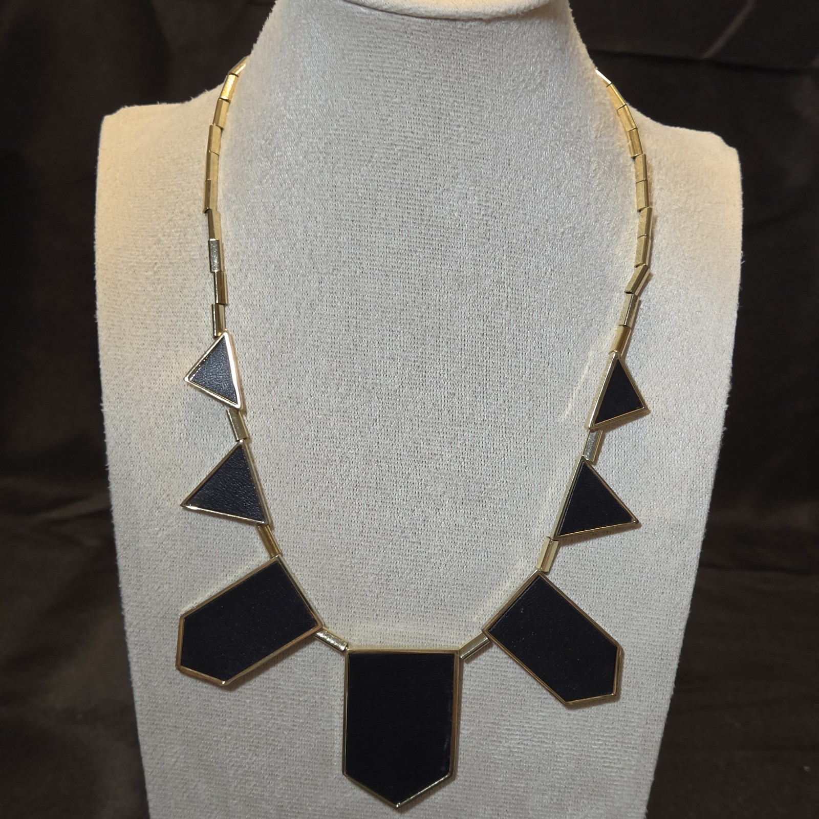 House of Harlow Signed Black Leather Gold Plate Geometric Tile Bib Necklace 20″