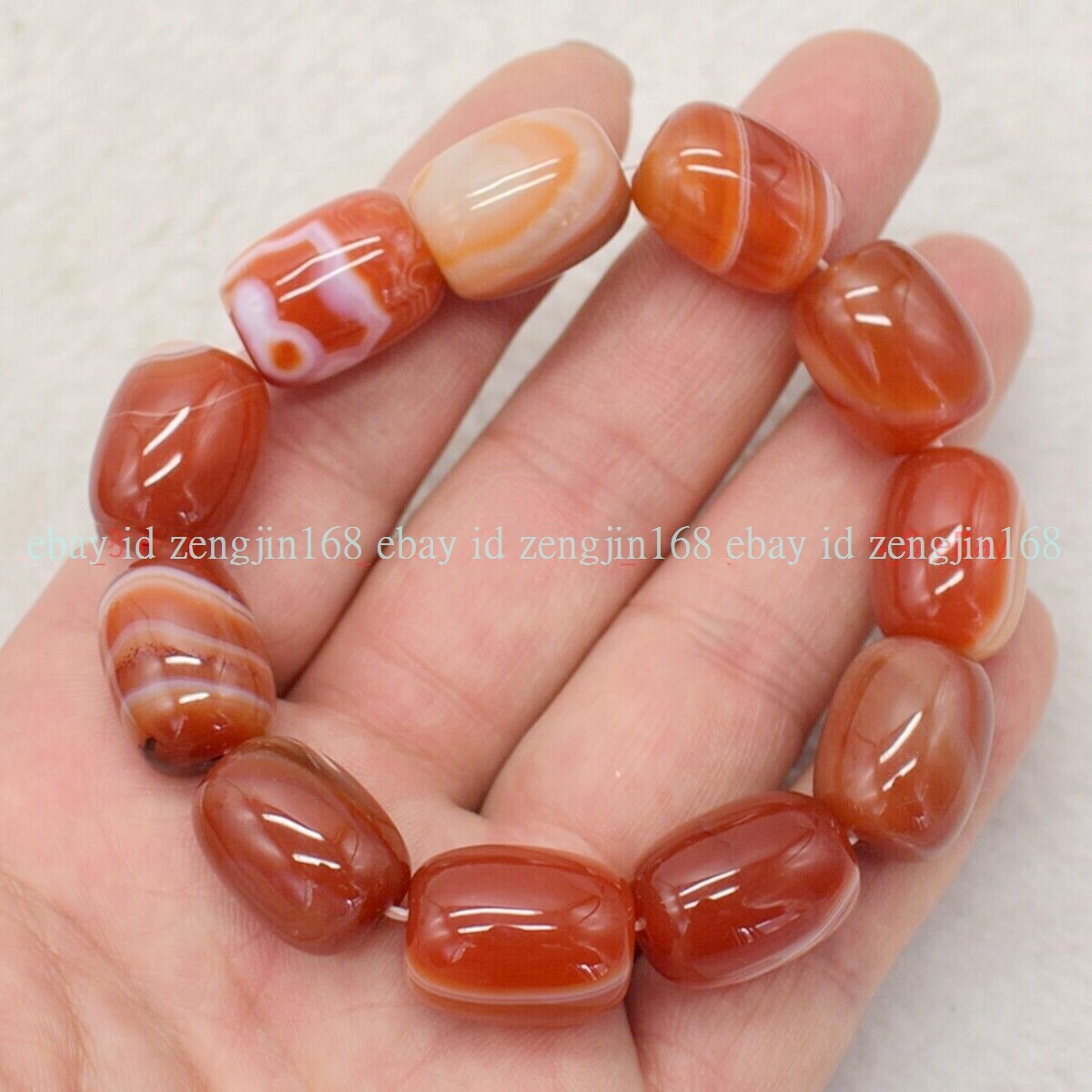 Natural 10x14mm Red Stripe Agate Cylindrical Gem Beads Elastic Bracelet 7.5″