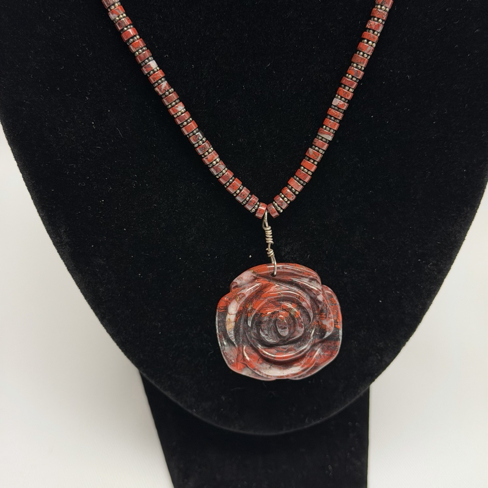 Red Jasper Rose Pendant Necklace Hand Carved Stone Beaded Artisan Statement