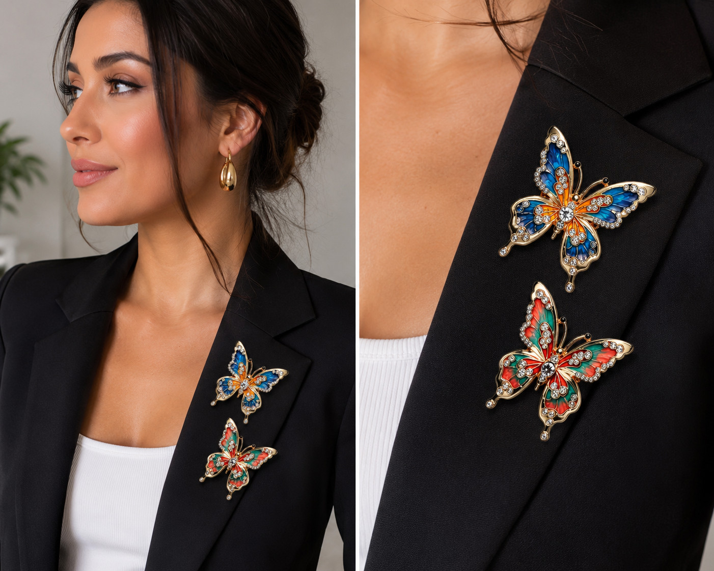 2pcs Rhinestone Enamel Butterfly Brooch Pin Set Gold Tone Colorful Lapel Pins