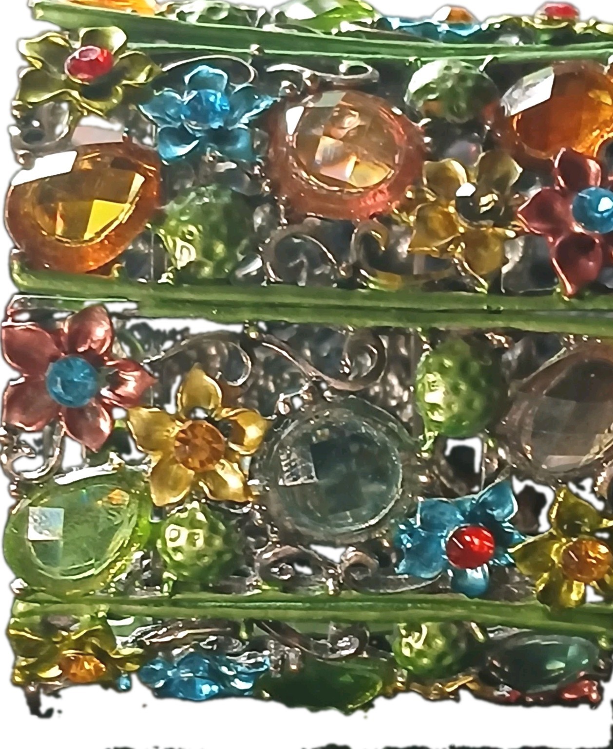 Multicolor Silver Floral Rhinestone, Green Metal Cuff Bracelet