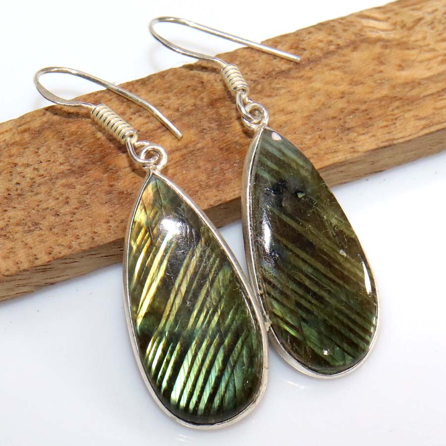Fiery Labradorite 925 Silver Plated Earrings 1.9″ Everyday Wear Design Trendy JW