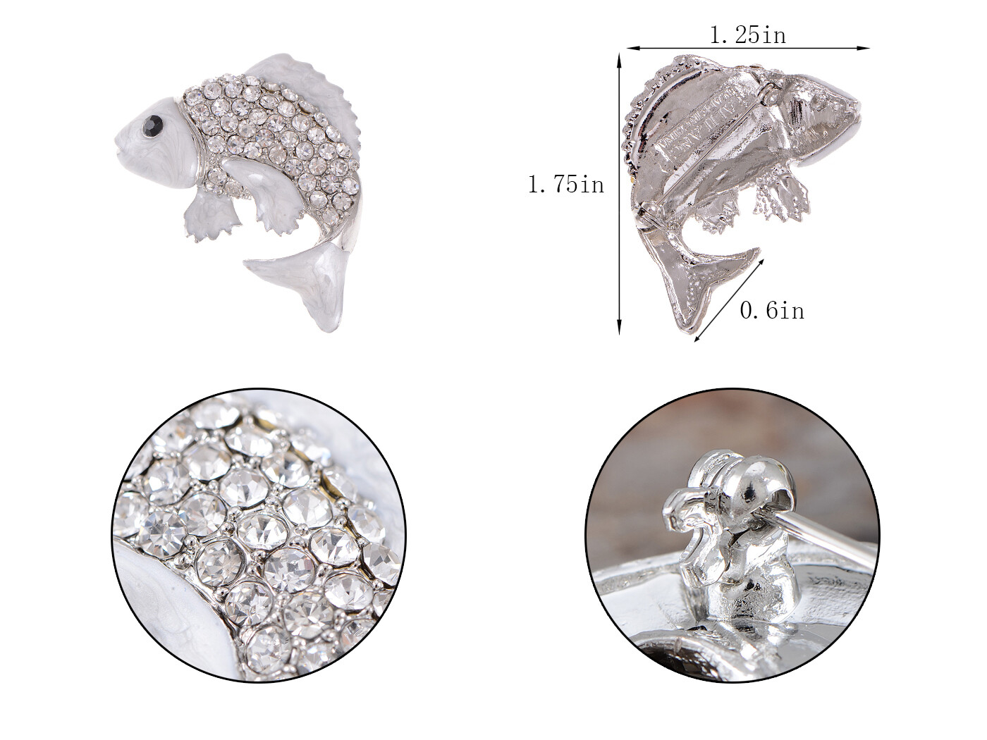 Koi Gold Fish Carp Silver Tone Enamel Clear White Crystal Rhinestone Ocean Anima
