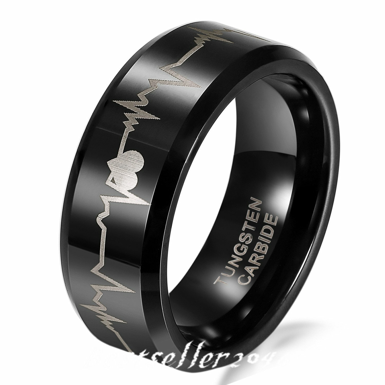 Men Women Tungsten Carbide Laser EKG Heartbeat Comfort Fit Ring Wedding Band