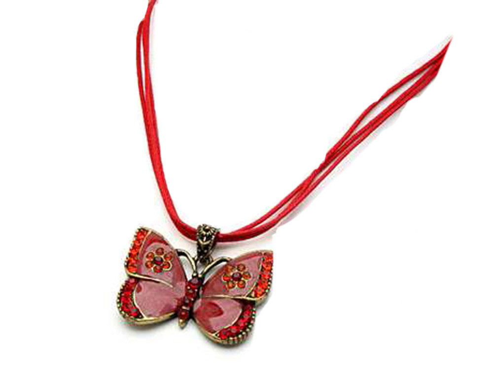VICTORIAN RED GREEN PURPLE OR GOLD ENAMEL MULTI CHORD CRYSTAL BUTTERFLY NECKLACE